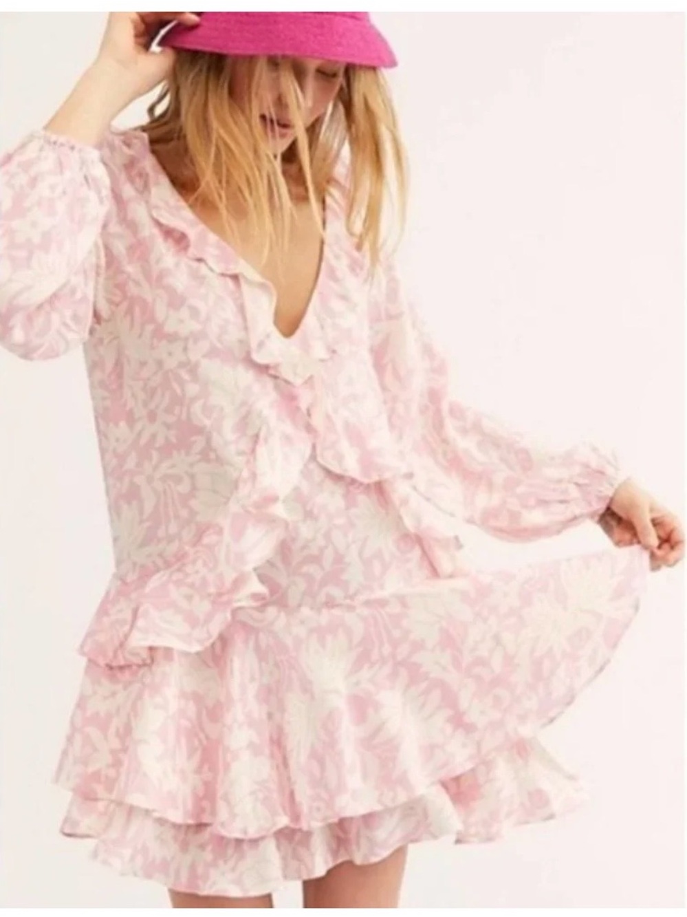 NWT. Free People Rebecca Pink Floral Ruffle, long sleeve dress.small - Picture 2 of 6